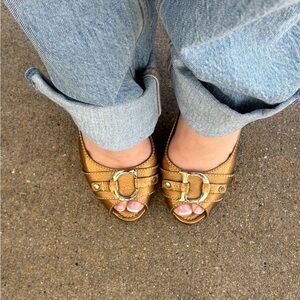 Vintage Dior Bronze Metallic Peep-Toe Heels